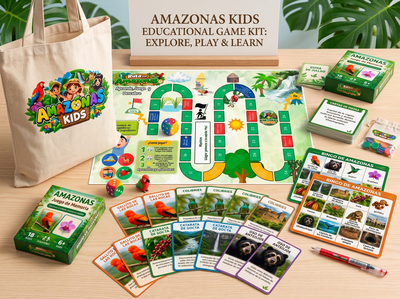 Kit completo: bolsa de tocuyo, tablero Ruta por Amazonas, memorama, bingo y cartas
